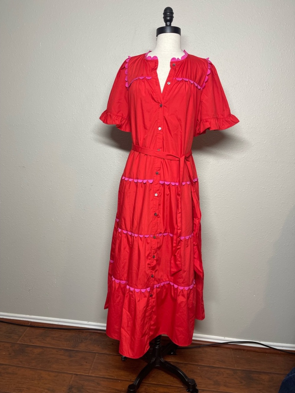 Entro Red Button-Front Tiered Maxi Dress Short Sleeve with Pink Trim